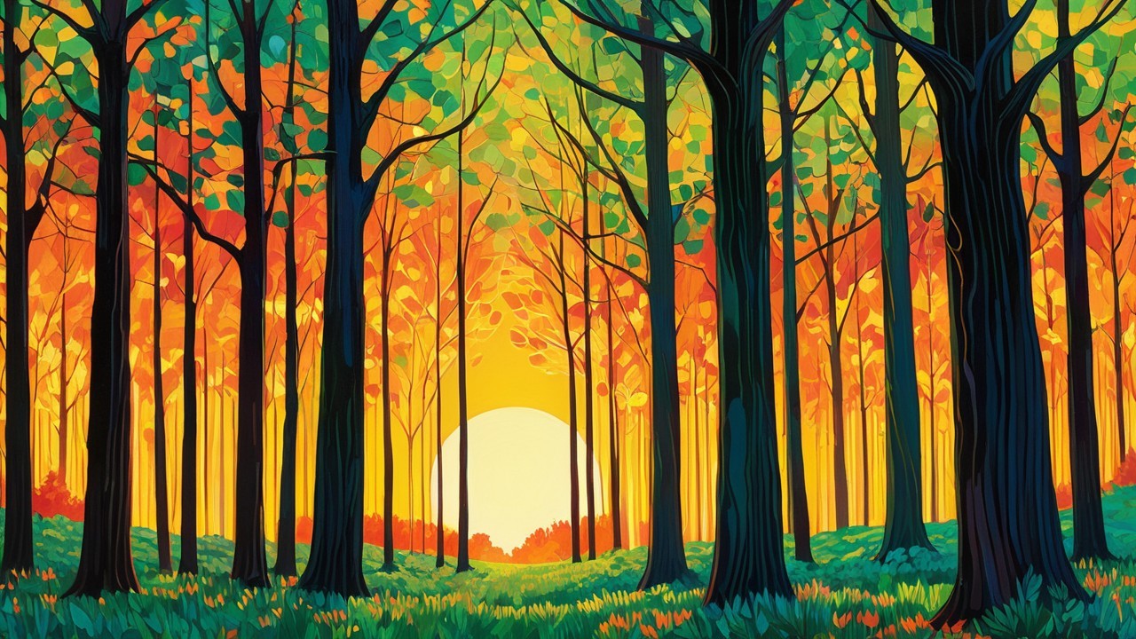 Vibrant Autumn Forest Scene with Tall Trees and Sunlight