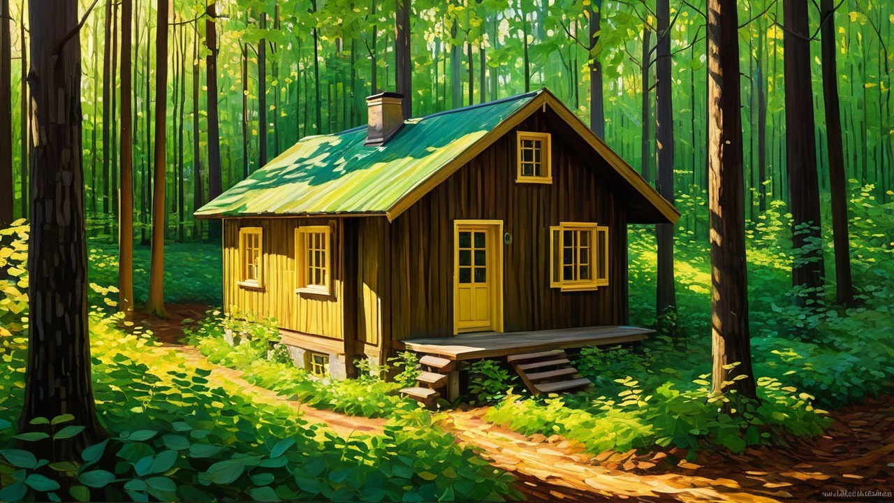 Wooden Cottage Surrounded by Lush Forest and Sunlight