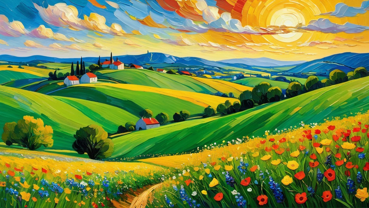 Vibrant Landscape of Rolling Hills and Colorful Wildflowers