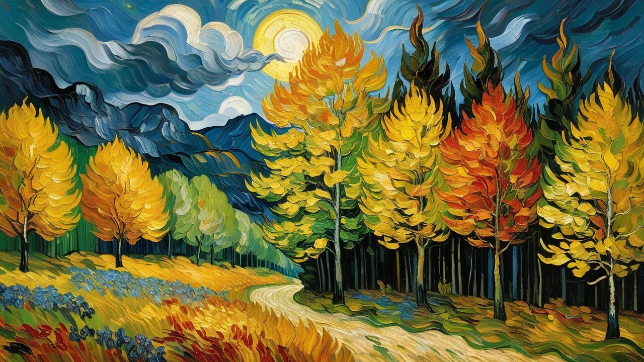 Autumn Landscape with Winding Path and Mountains