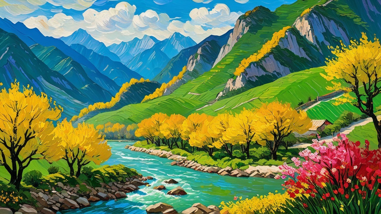 Vibrant Autumn Mountain Landscape with Turquoise River