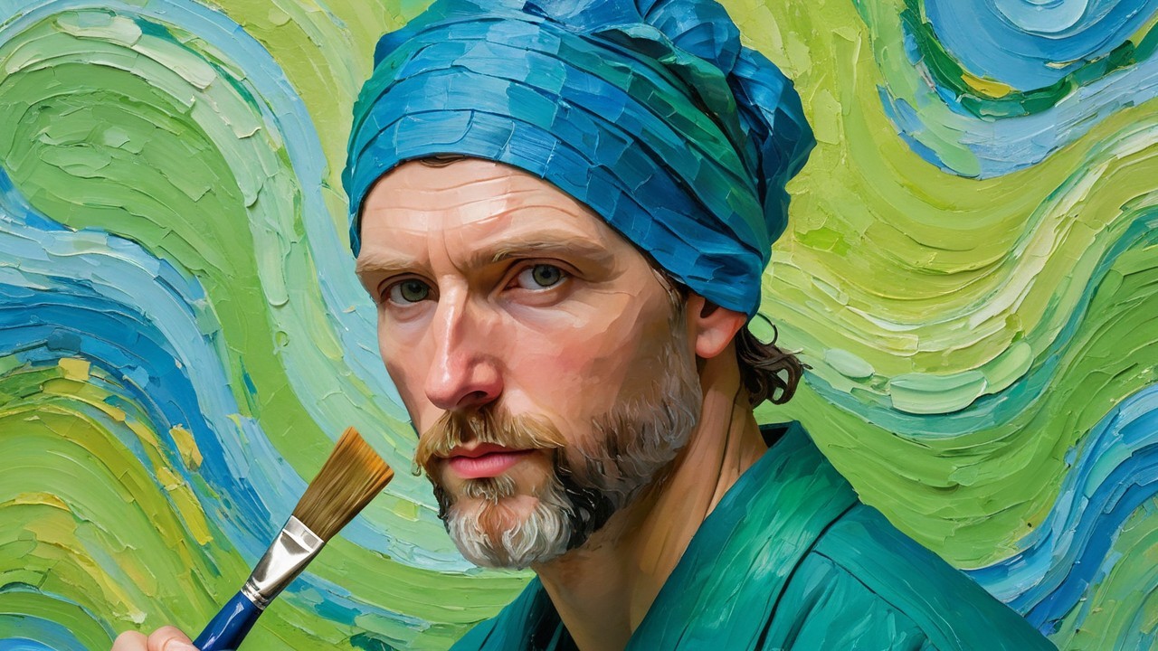 Portrait of a Male Figure in Teal Attire with Brush