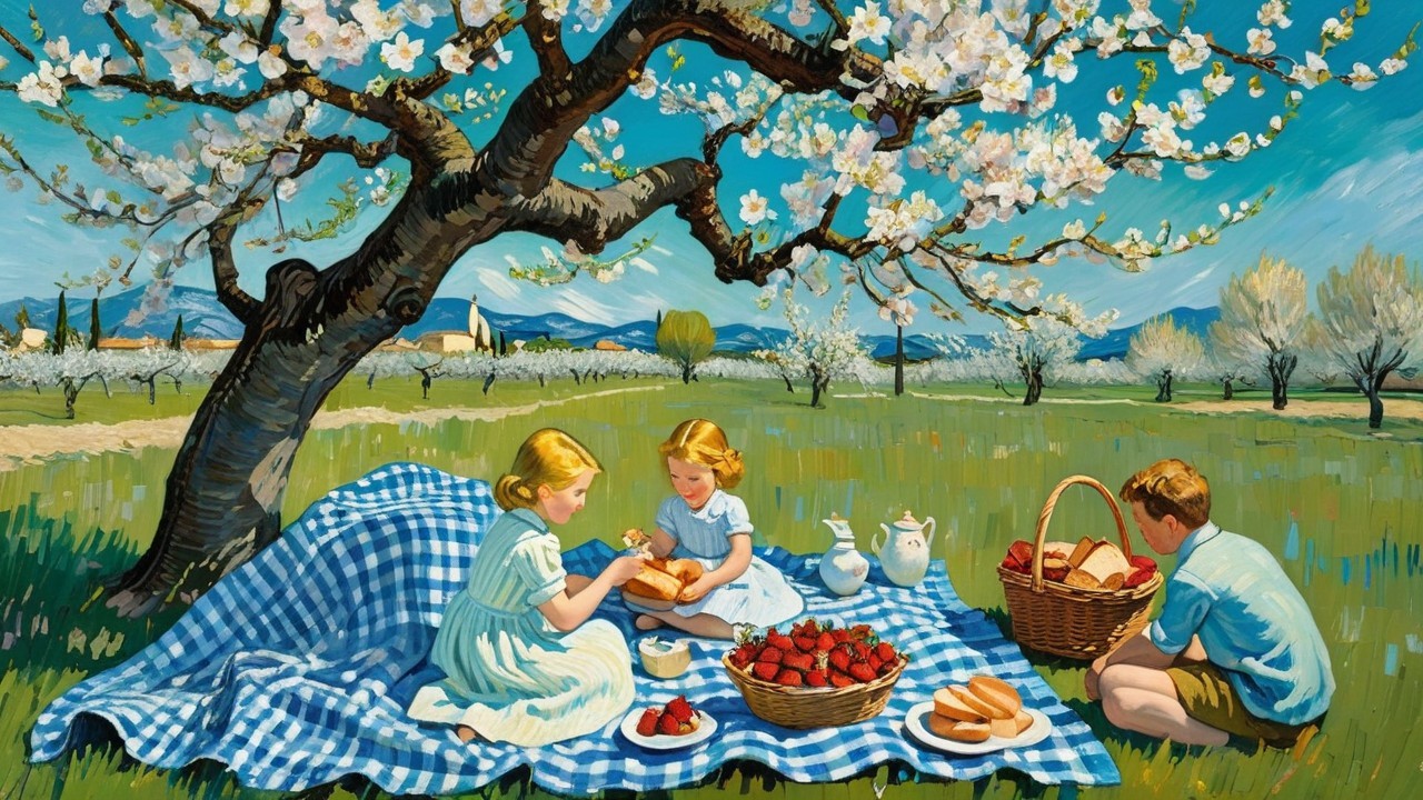 Picnic Scene Under Blossoming Tree with Children
