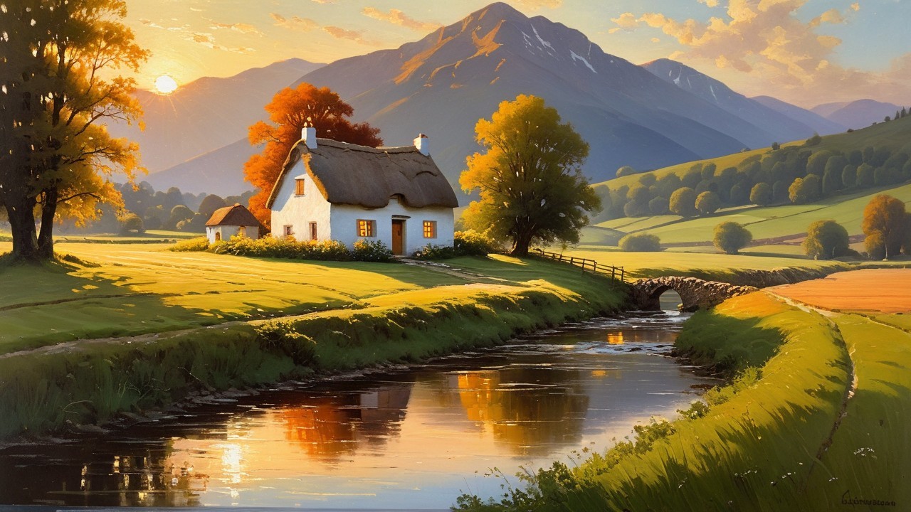 Rural Landscape with Cottage and Serene Canal