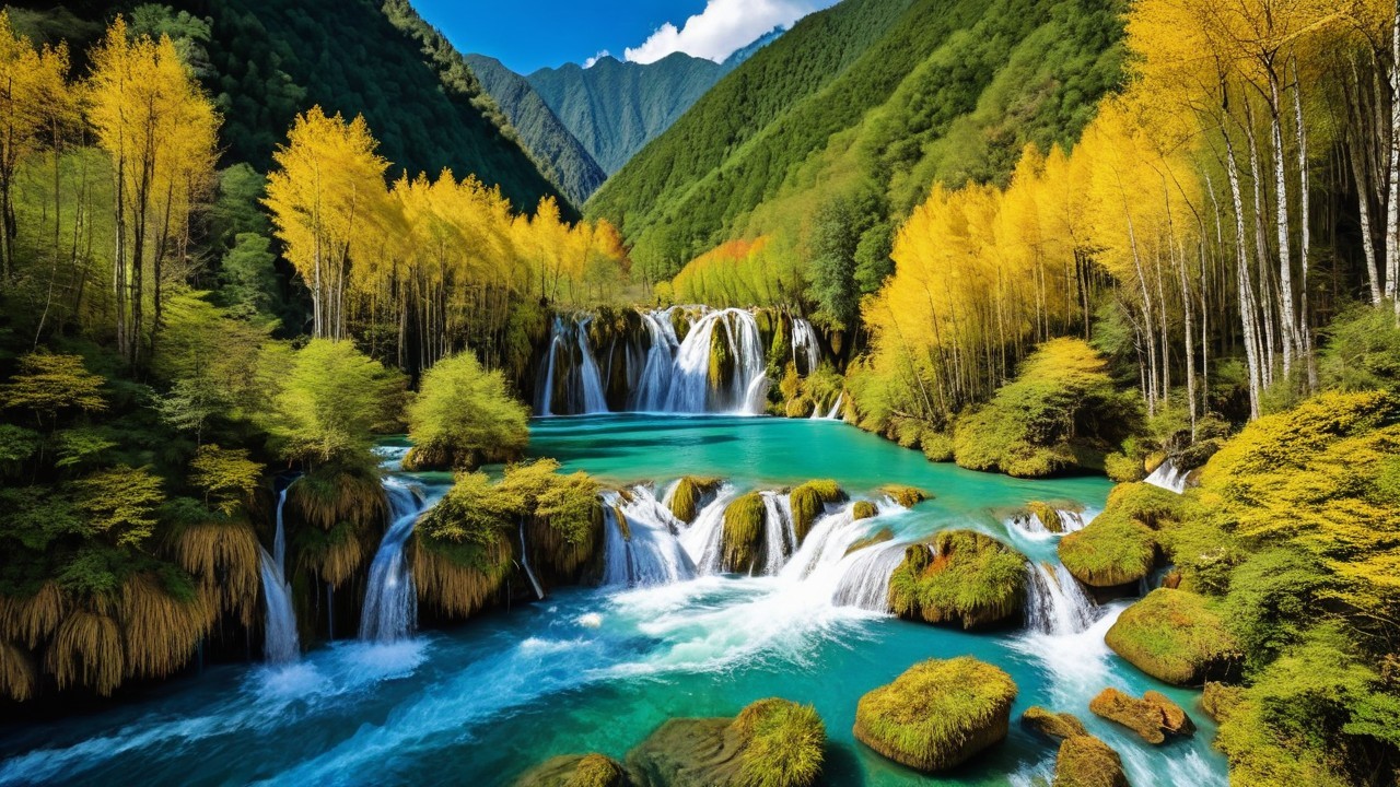 Vibrant Waterfalls and Turquoise Lake Landscape