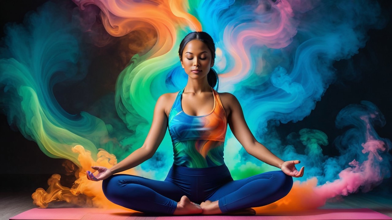 Serene Woman Meditating on Colorful Yoga Mat
