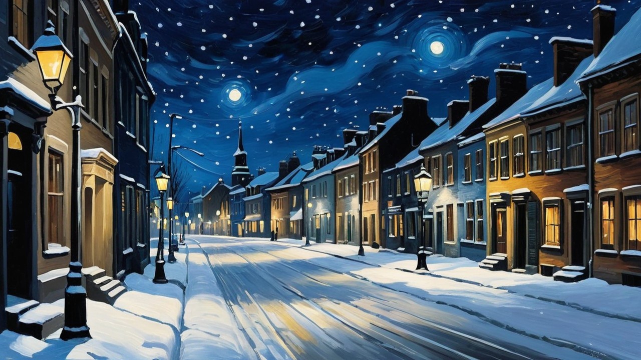 Snowy Winter Street Scene with Warm Street Lamps