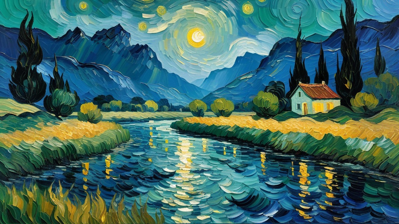 Serene Landscape with Starry Night and River Reflection