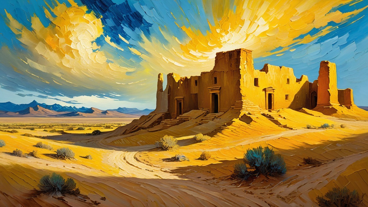 Vibrant Desert Landscape with Ancient Ruins and Sky