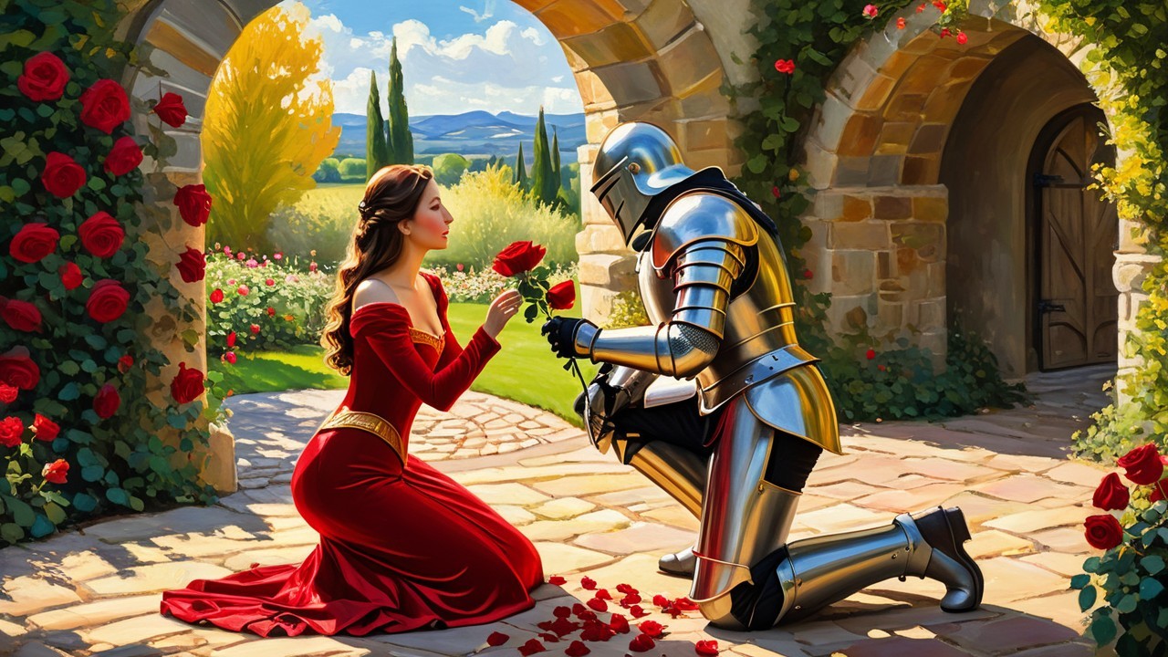 Knight and Woman in Romantic Garden Setting