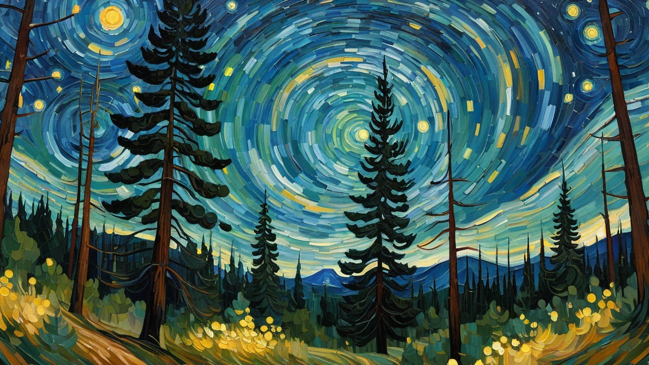 Swirling Night Sky with Evergreen Silhouettes
