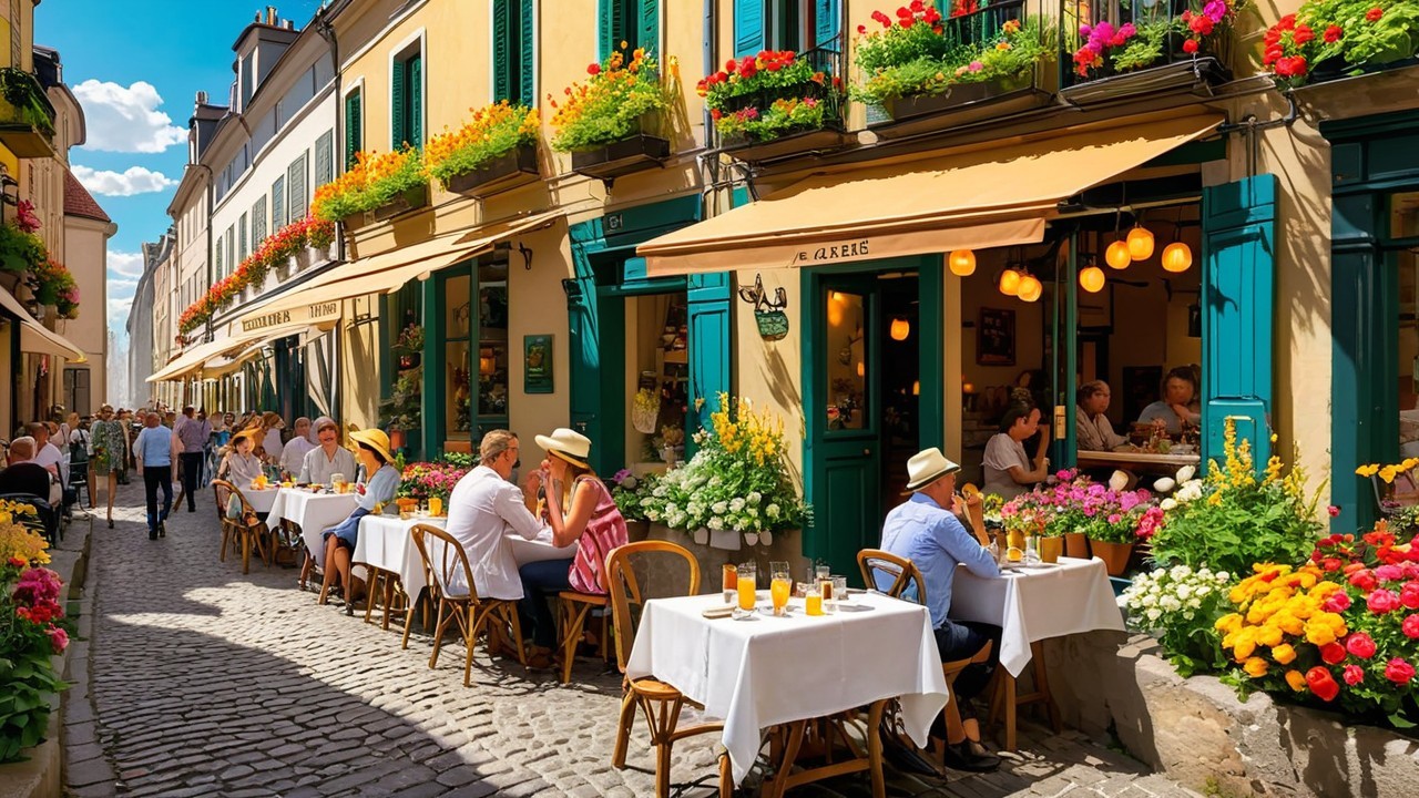 Charming Cobblestone Street with Vibrant Cafés and Dining