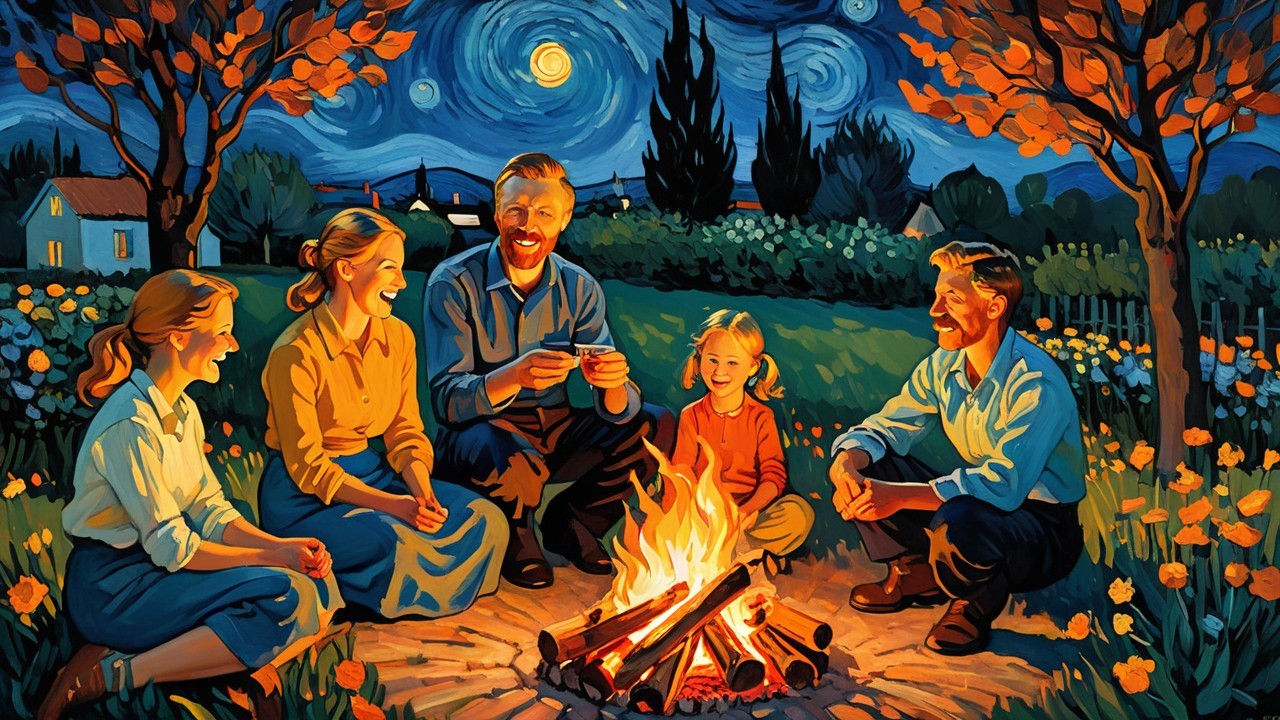 Campfire Gathering Under Starlit Sky with Figures