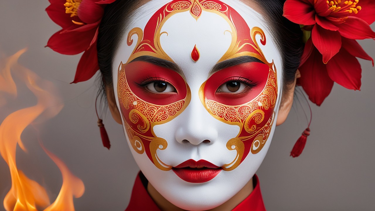Portrait of a woman with intricate face paint and flowers