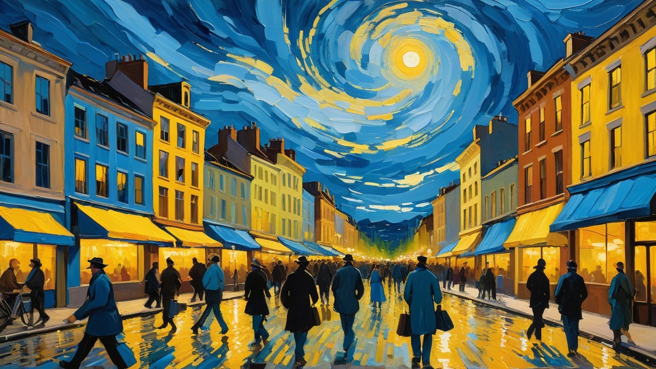 Vibrant Dusk Street Scene with Illuminated Shopfronts