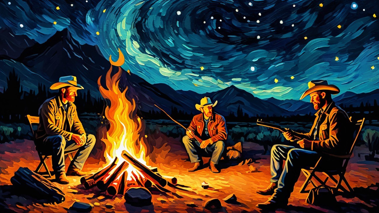 Cowboys by Campfire Under Starry Night Sky