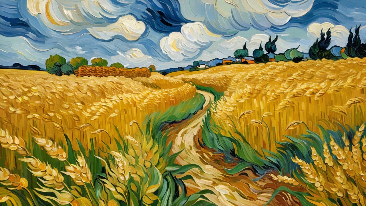 Vibrant Wheat Fields with Winding Path and Farmhouse