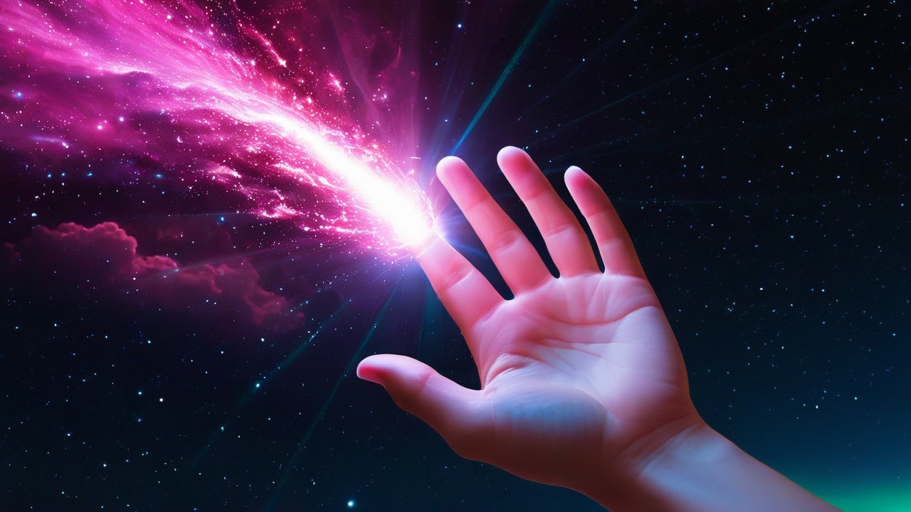 Human Hand Reaching for Vibrant Cosmic Energy