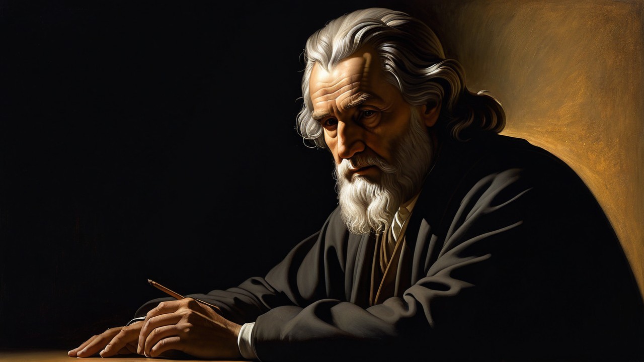 Elder Man Writing in a Dimly Lit Space