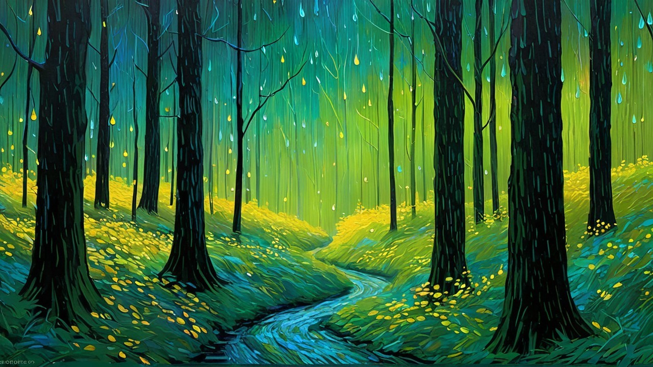 Vibrant forest scene with trees, flowers, and stream
