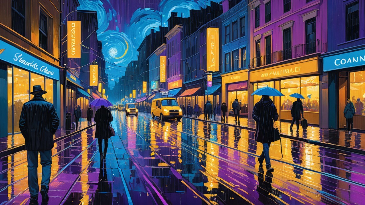 Vibrant City Street at Night with Neon Lights