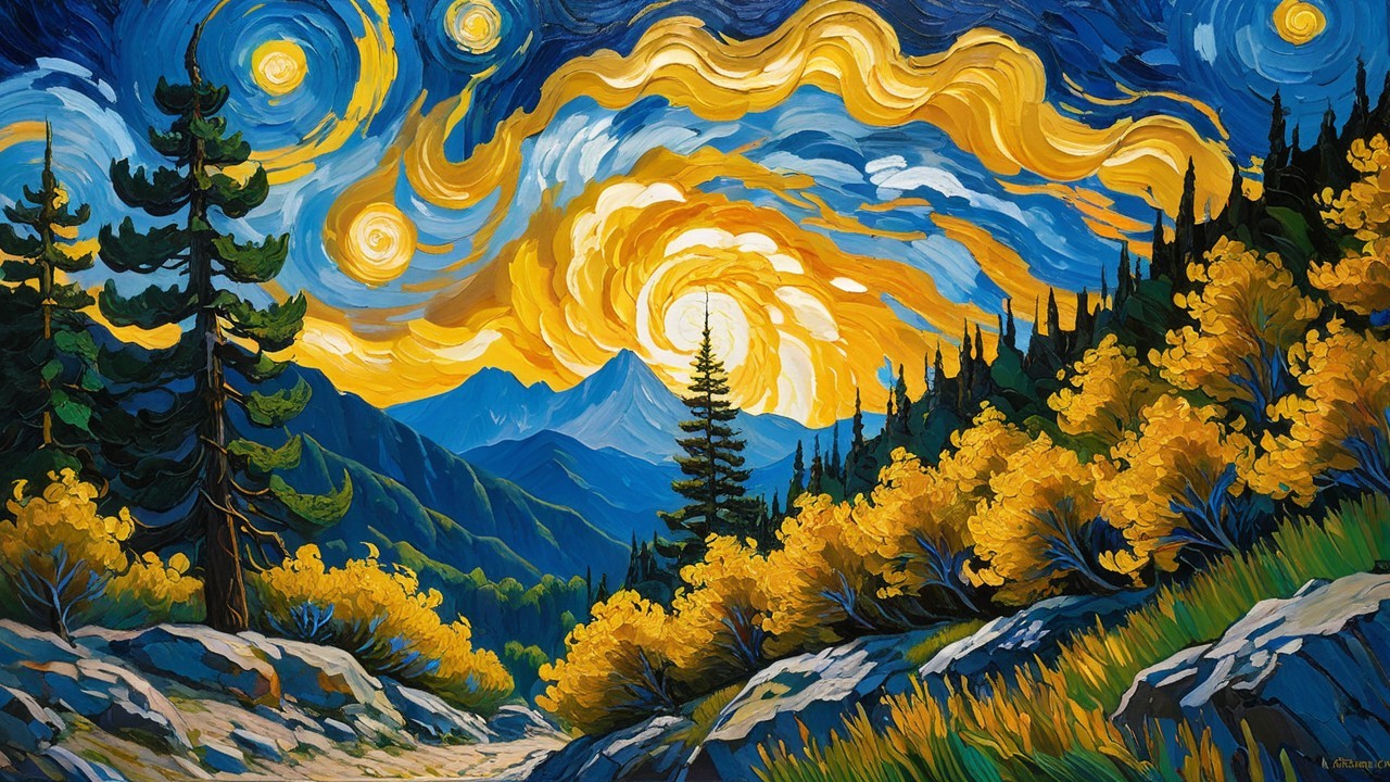 Vibrant Mountain Landscape Painting at Sunset