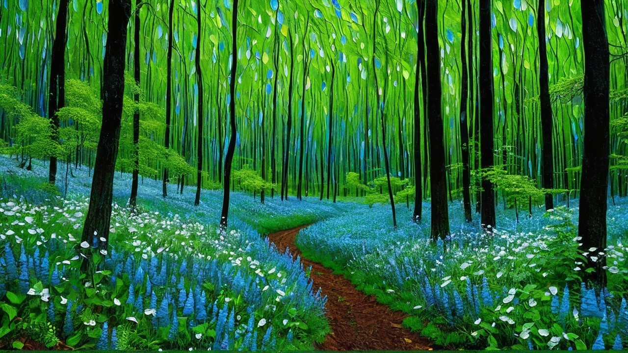 Vibrant Forest Scene with Lush Greenery and Flowers