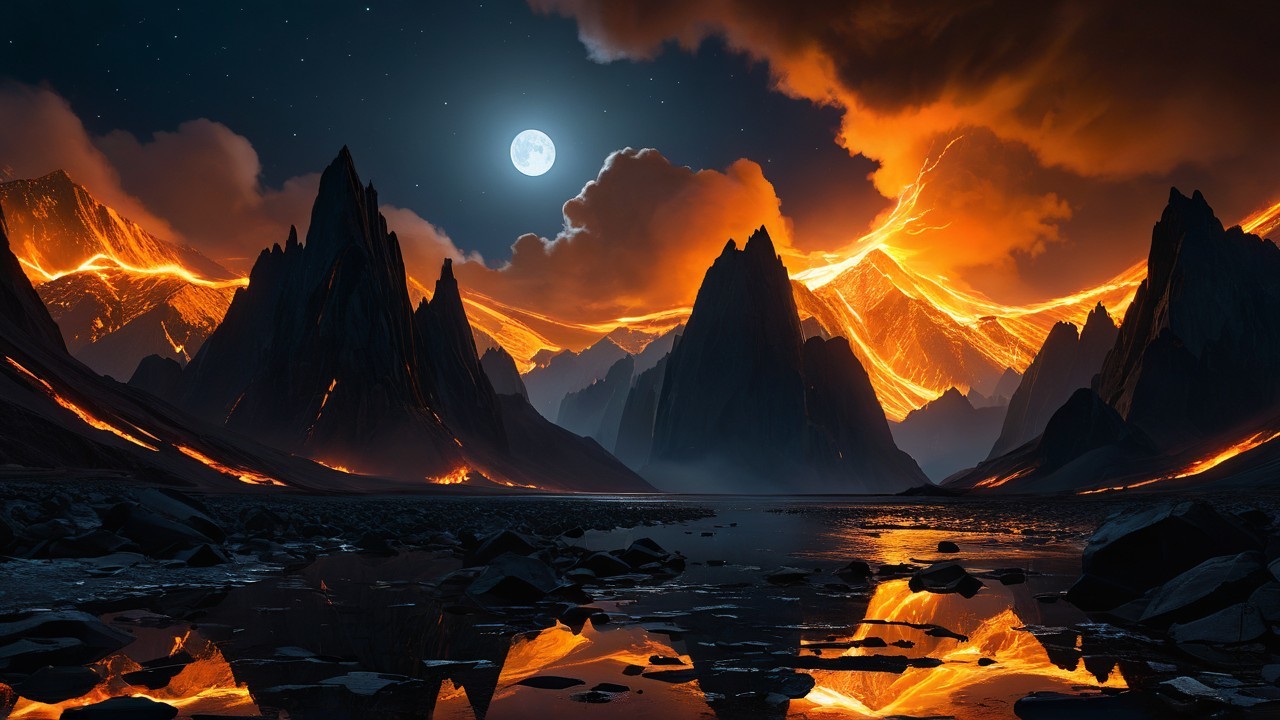 Dramatic Landscape of Lava Mountains and Night Sky