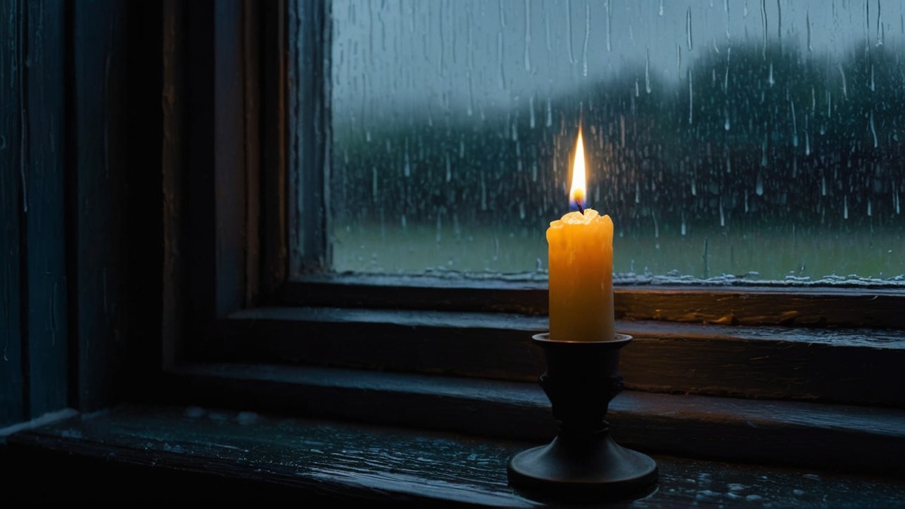 Cozy Yellow Candle and Rainy Window View Description
