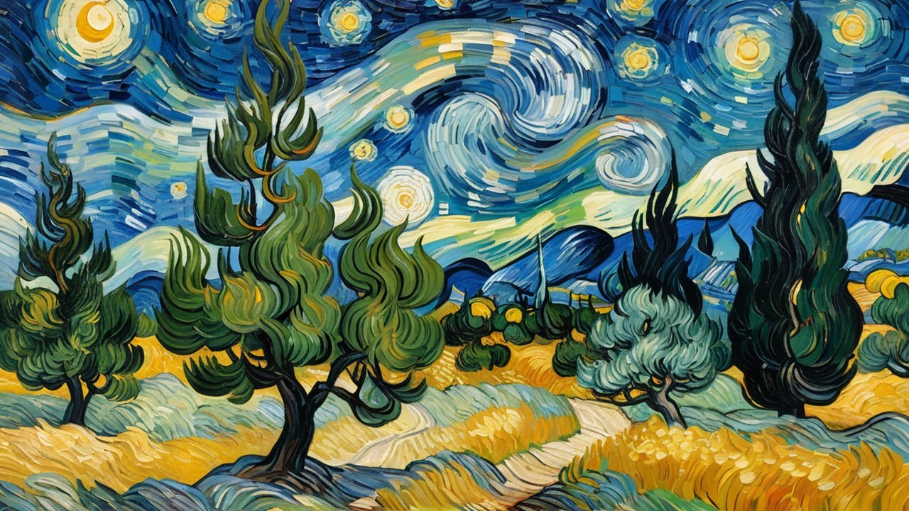 Swirling Night Sky with Stars and Crescent Moon