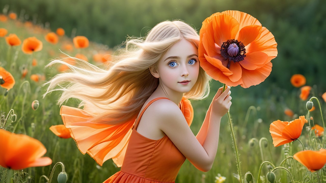 Young girl in vibrant poppy field with flowing hair