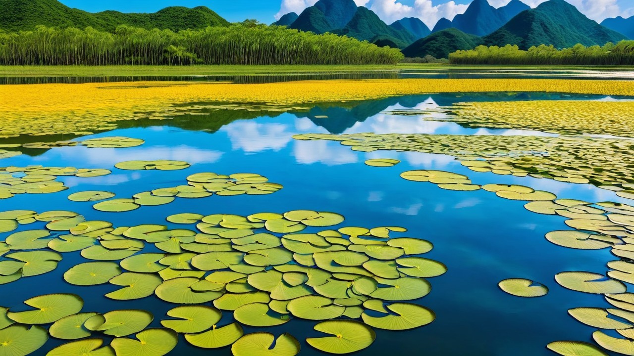 Tranquil Lake Surrounded by Lush Greenery and Mountains