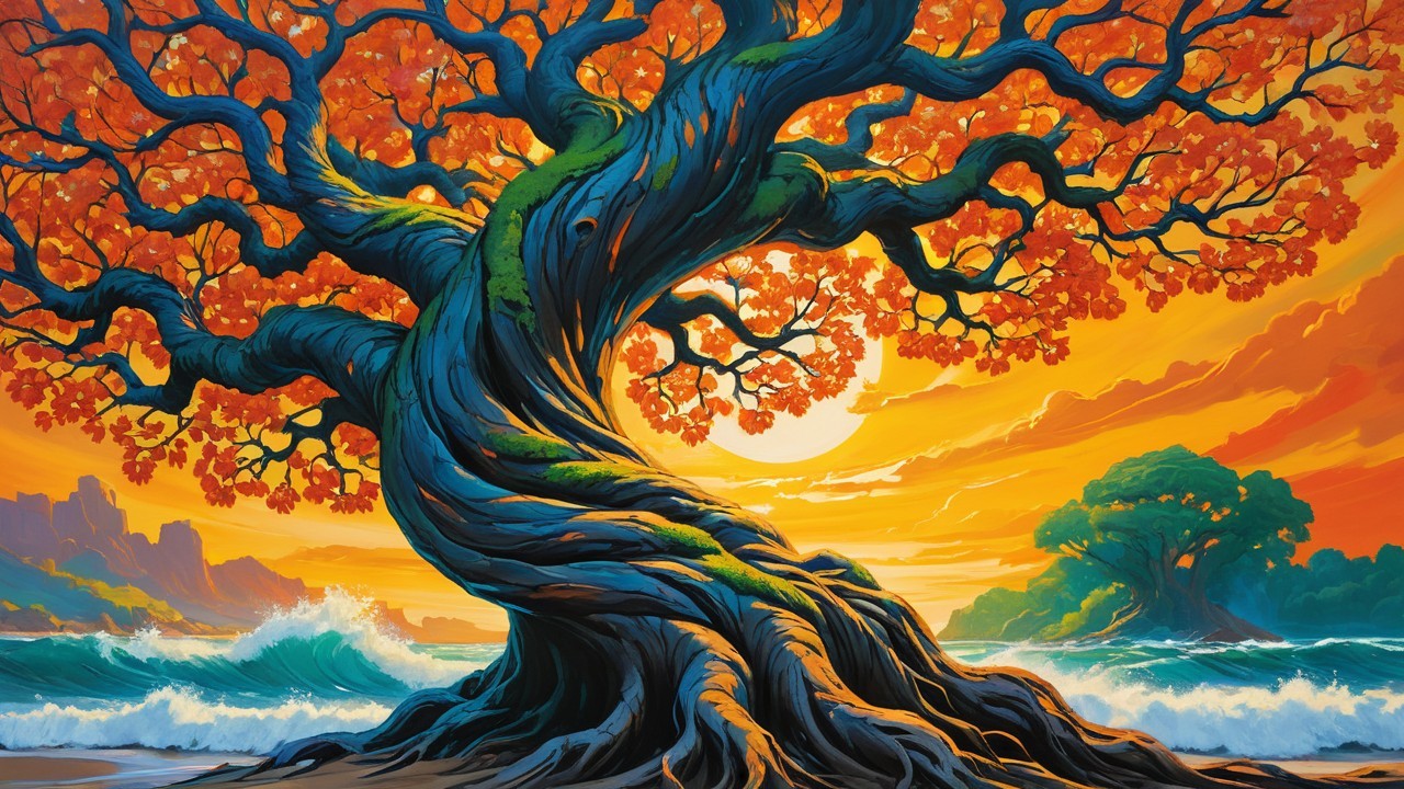 Majestic Tree with Orange Leaves at Sunset Scene