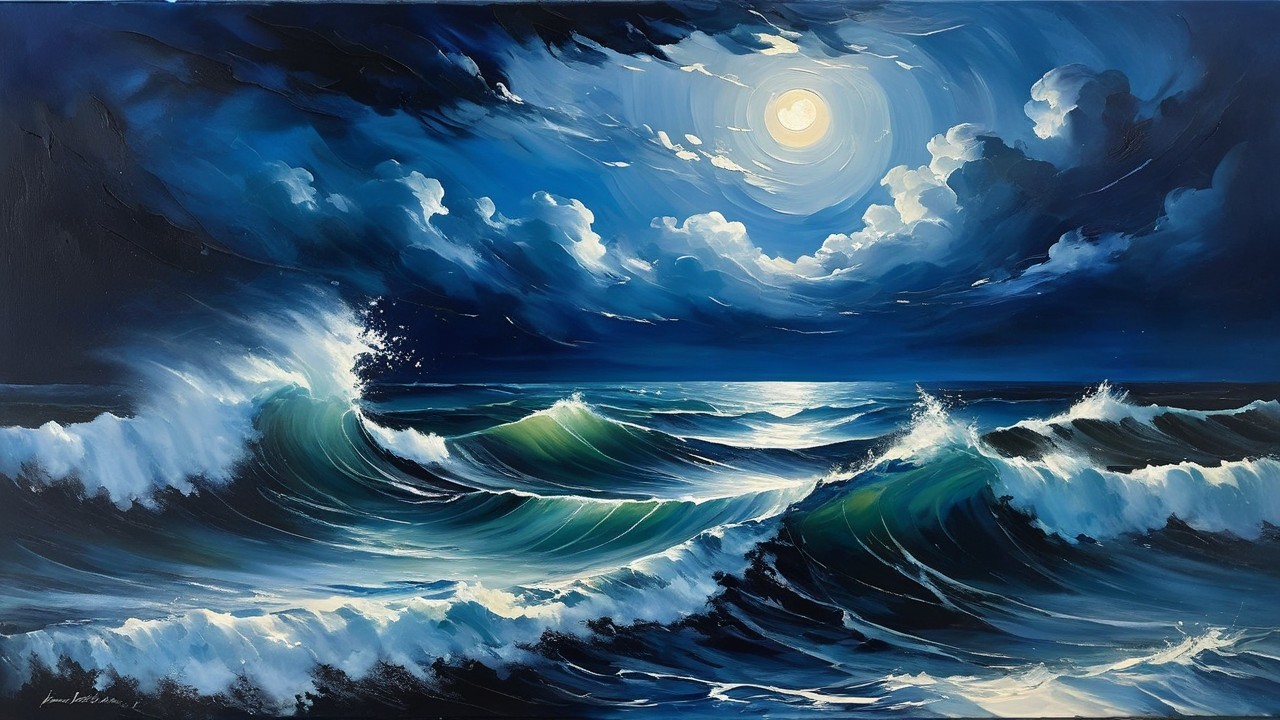Dramatic Night Seascape with Moonlit Waves
