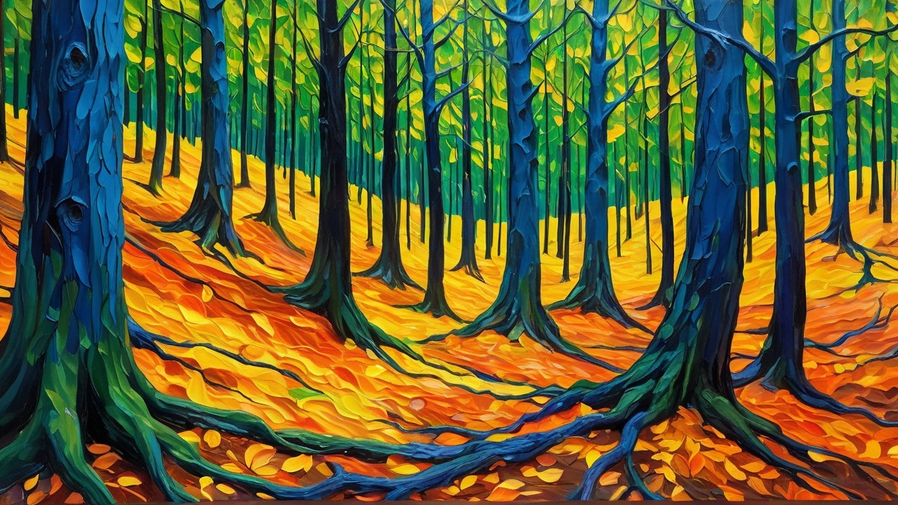 Vibrant forest scene with blue trunks and colorful leaves