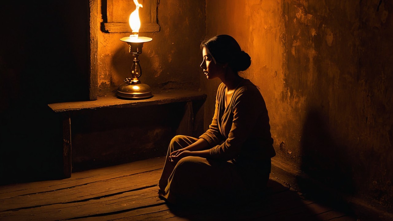 Meditation in a Dimly Lit Room with Oil Lamp Glow