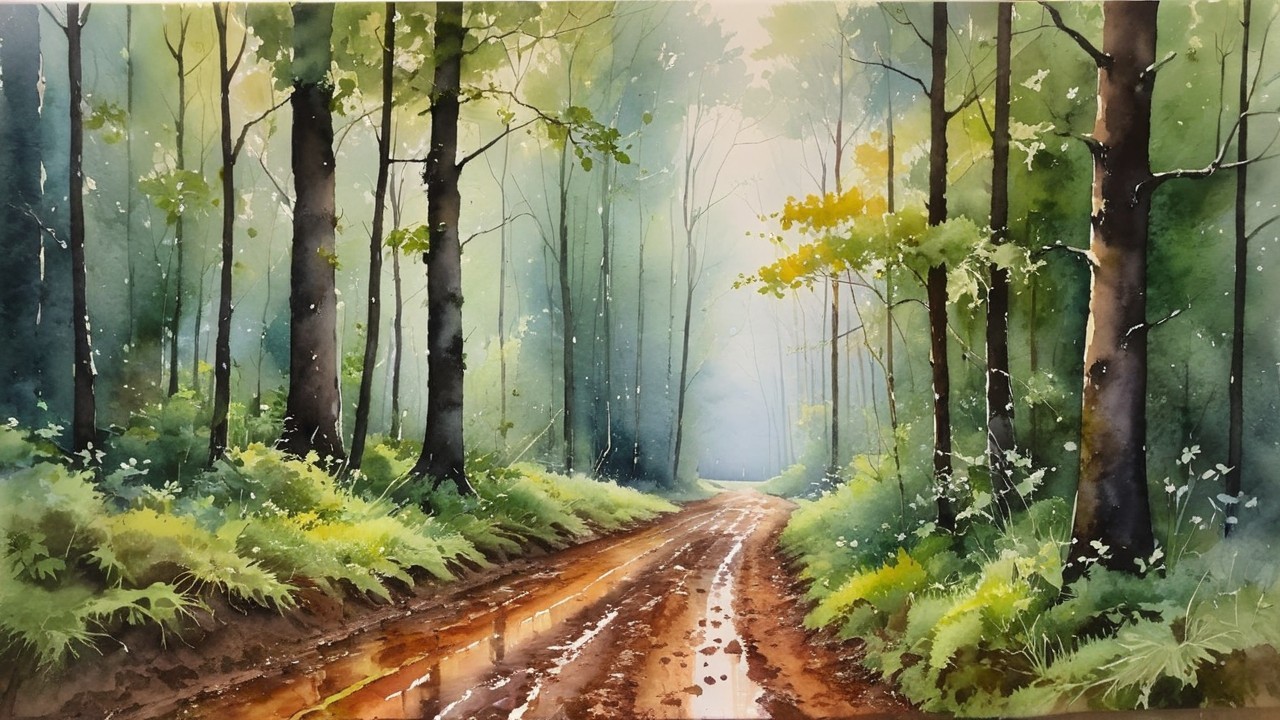 Serene forest scene with winding path and misty light