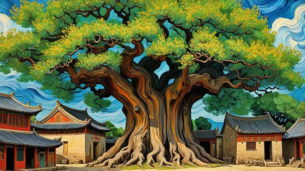 Detailed Digital Painting of an Ancient Tree in Village