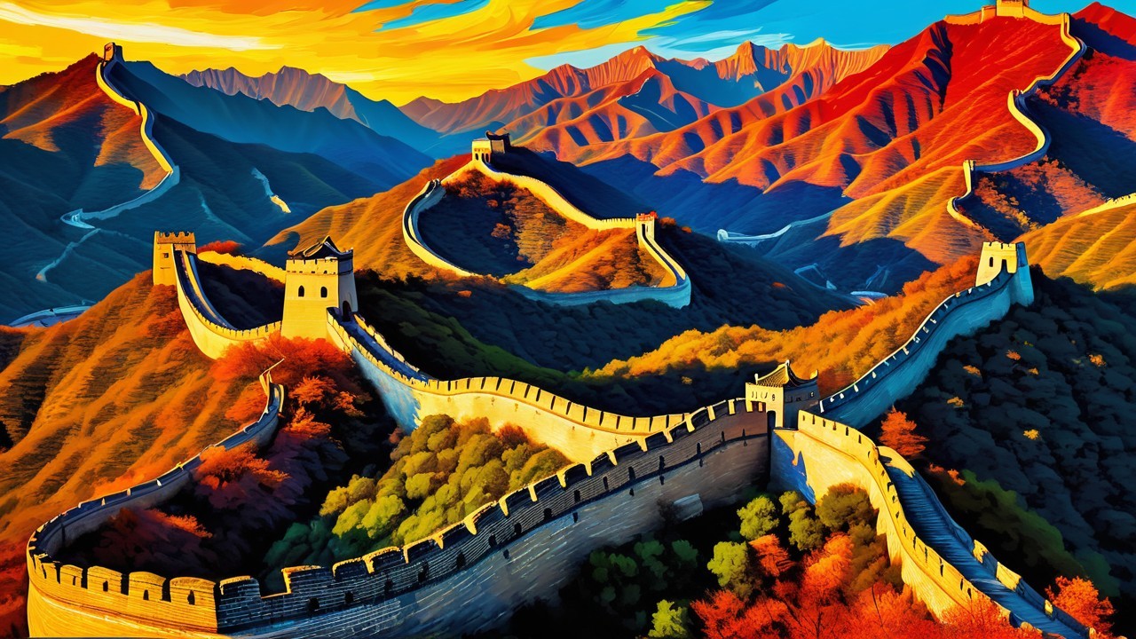 Vibrant Sunset Over the Great Wall of China