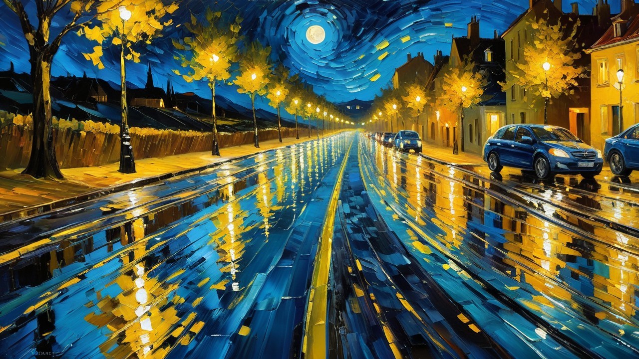 Vibrant Rainy Night Street Scene with Moonlit Reflections