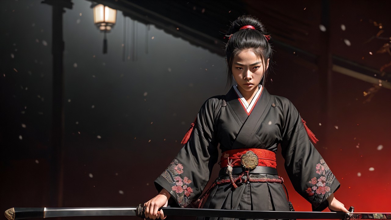 Fierce Warrior in Black Kimono with Katana and Blossoms