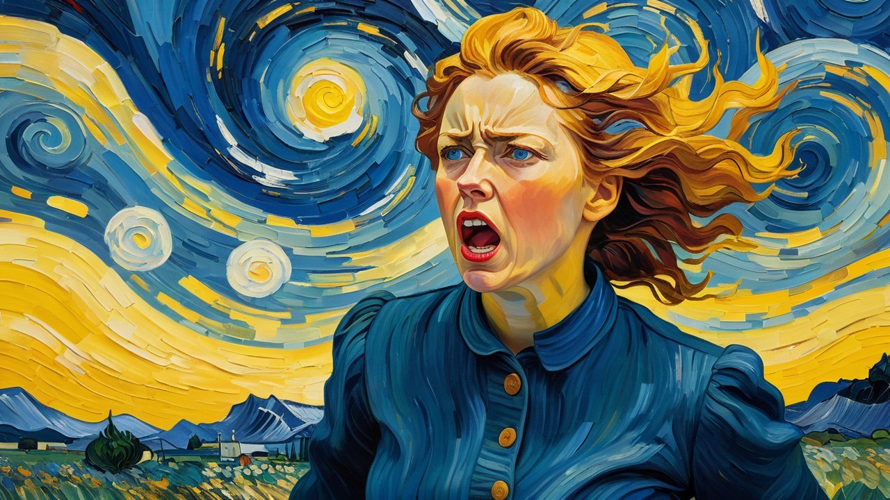 Vibrant Sky with Distressed Woman in Foreground