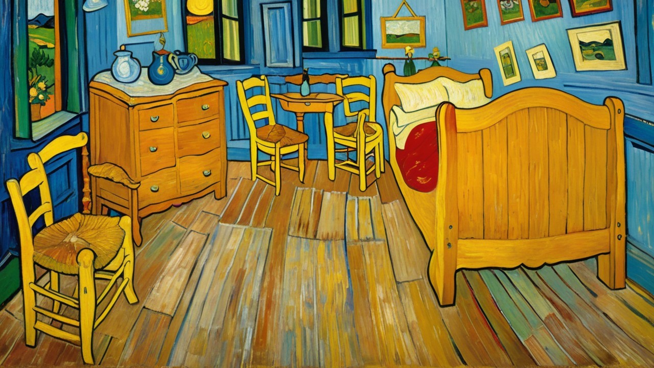 Bedroom Interior with Blue Walls and Yellow Furniture