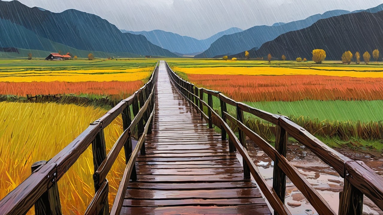 Wooden Bridge Over Autumn Fields and Mountains