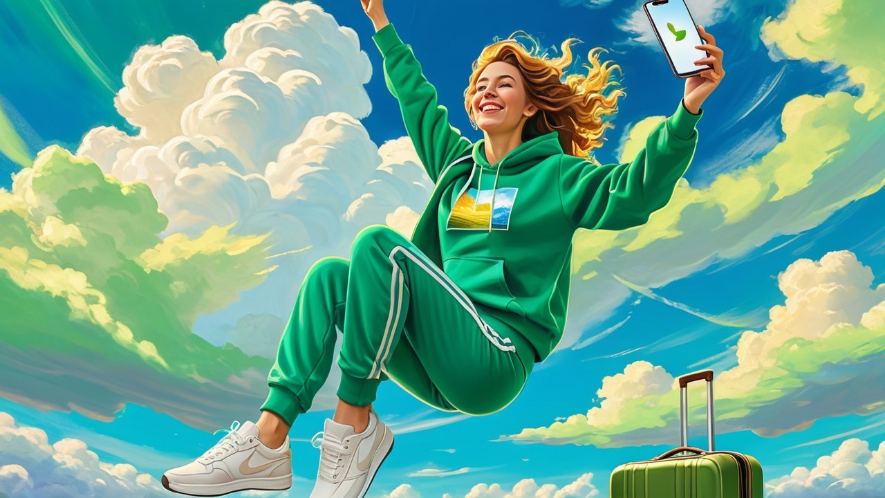 Young Woman in Green Tracksuit Leaping with Joy