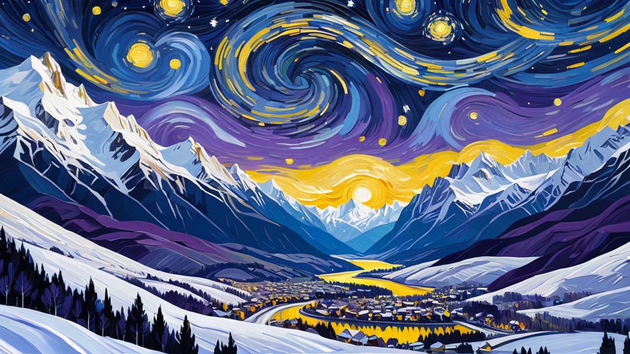 Vibrant Night Sky with Mountains and Village Scene