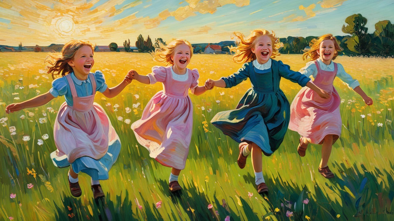 Joyful girls in colorful dresses in a sunlit meadow