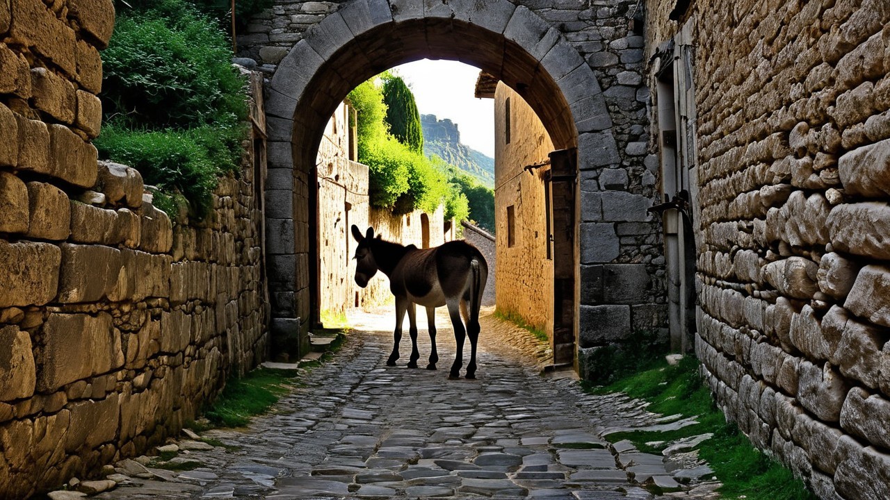 Serene Cobblestone Alleyway with Donkey and Archway