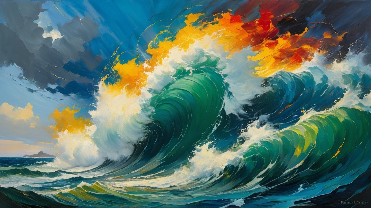 Dramatic Seascape with Towering Waves and Stormy Sky