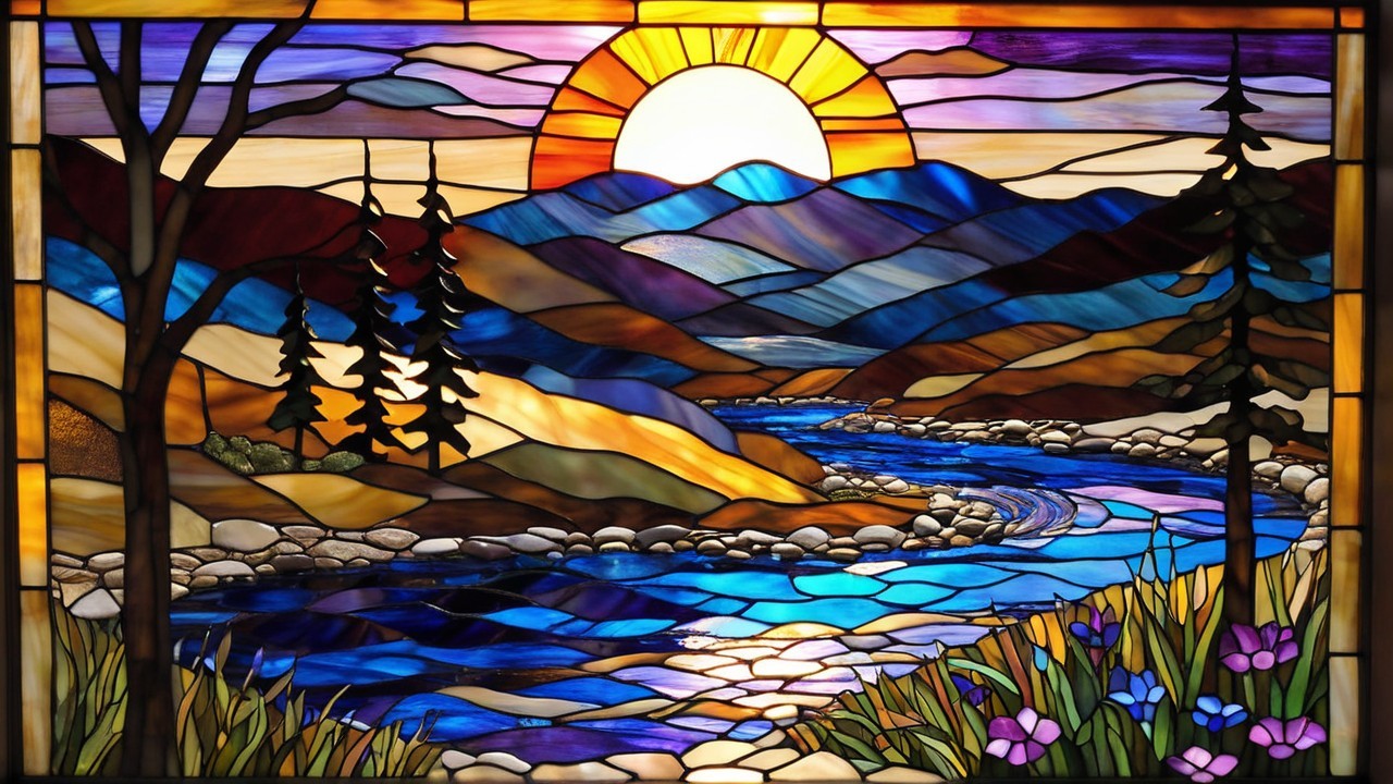 Vibrant Stained Glass Window of Serene Landscape